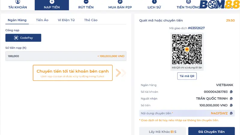 Hướng dẫn nạp tiền qua hình thức quét mã QR tại BOM88.